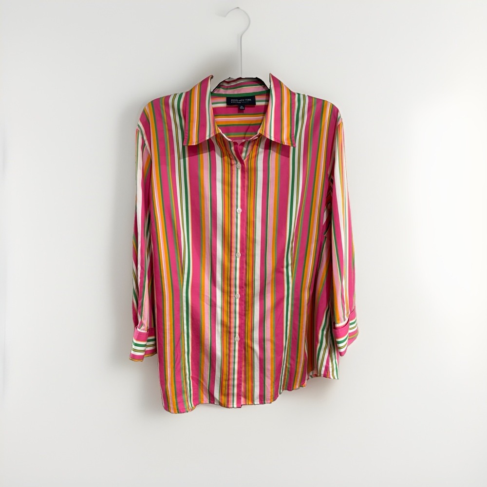 Jones New York Signature Woman Women's 2X Multicolor Striped Button-Up Blouse 02